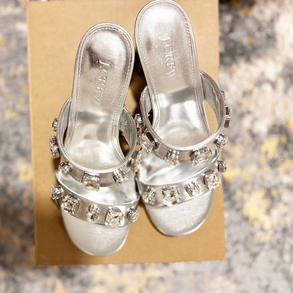 Jcrew factory silver jewel mule heels Polyurethane/Rubber sole 2.6” heel height - Picture 4 of 5
